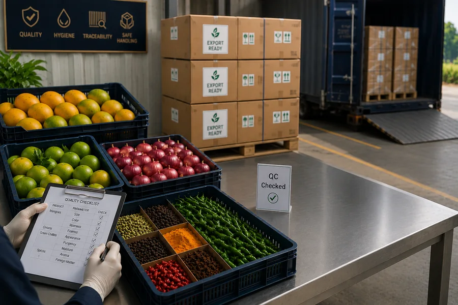 Quality checked Indian agricultural products prepared for export shipment